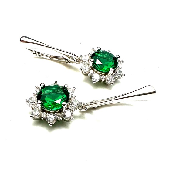 Halo Emerald Earrings Sterling Silver 925 , May Birthstone - Picture 10 of 11